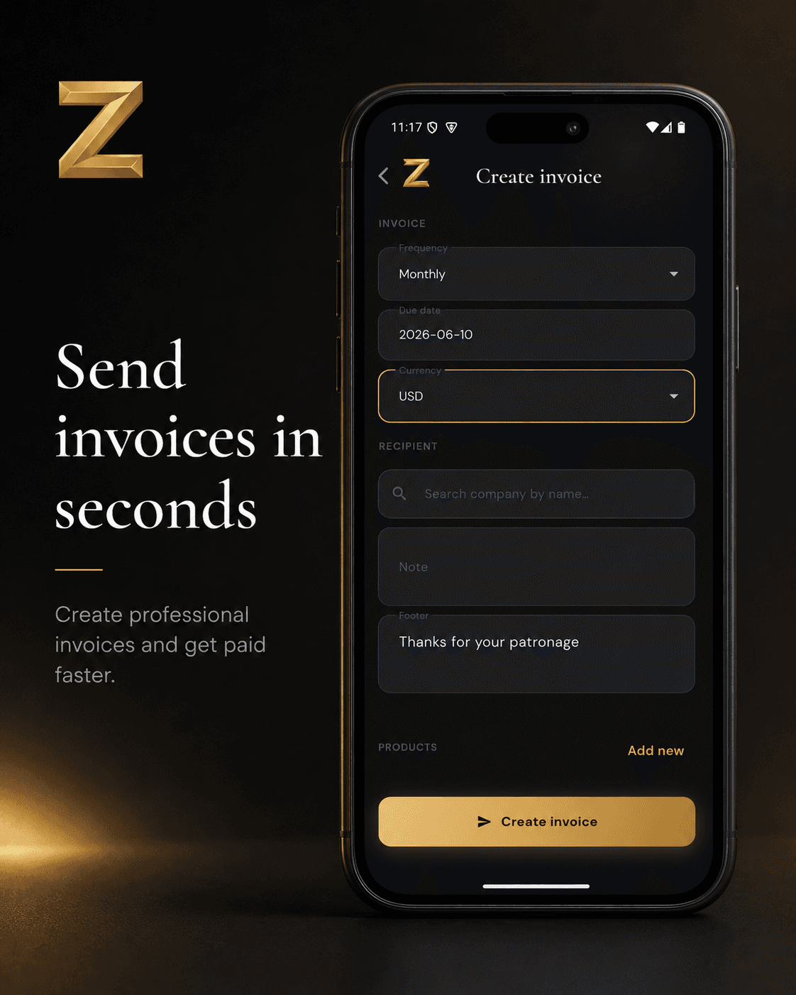 Zemo create invoice screen