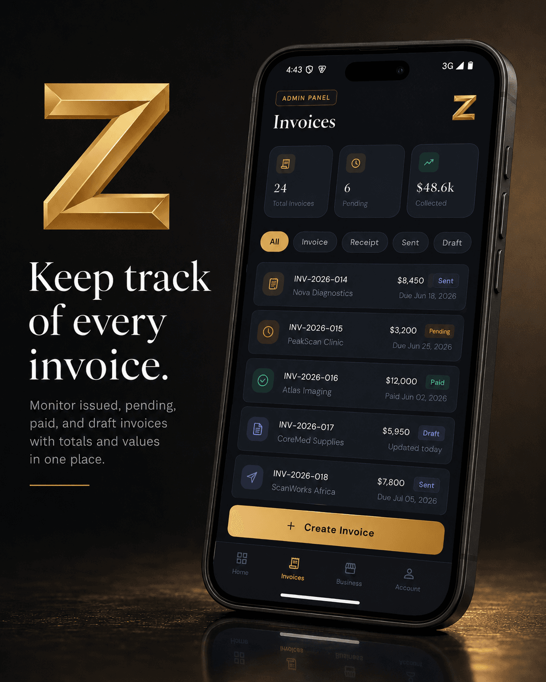 Zemo invoice list screen